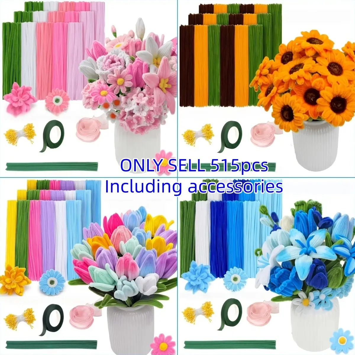 515-Piece Multicolor Bouquet Craft Kit, Includes Tutorial Video, Blue Gold Sherry Stems, Perfect for Gifts and Crafts