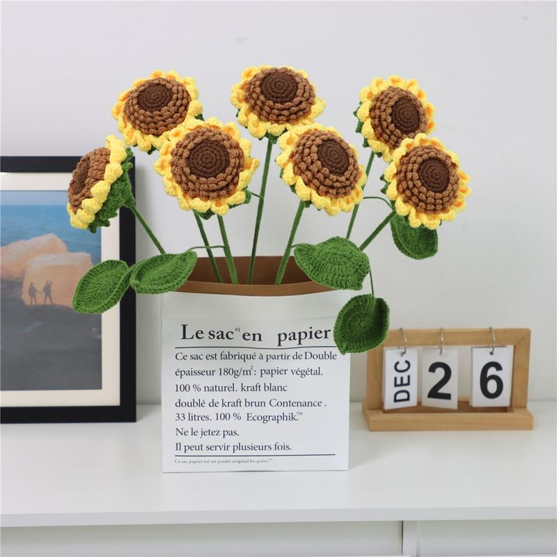 Sunflower Design Crochet Flower for Room Decor, 7 Counts/set Bedroom Decor Artificial Flower without Vase, Handmade Crochet Flower, Girlfriend Gifts, Boyfriend Gift, Valentine's Day Gift Ideas, Bouquet, Decorative Flowers