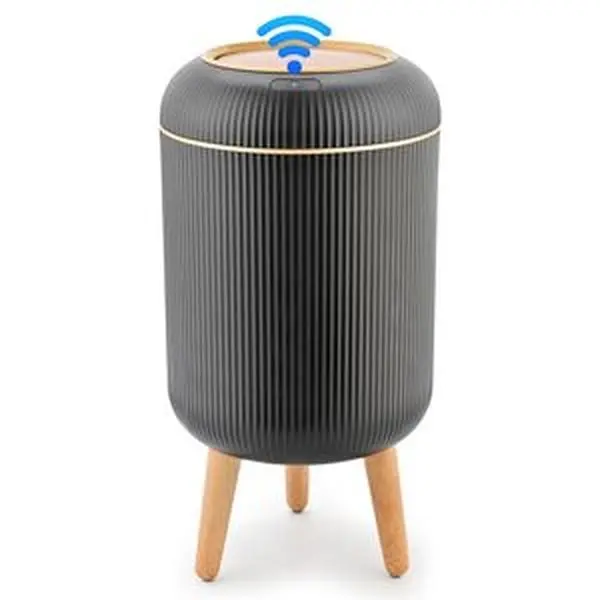 Nordic Practical Trash Can, Touchless Waterproof Automatic Sensor Waste Bin, Household Multifunctional Space-Saving Garbage Bin with Wood Legs - Black & White