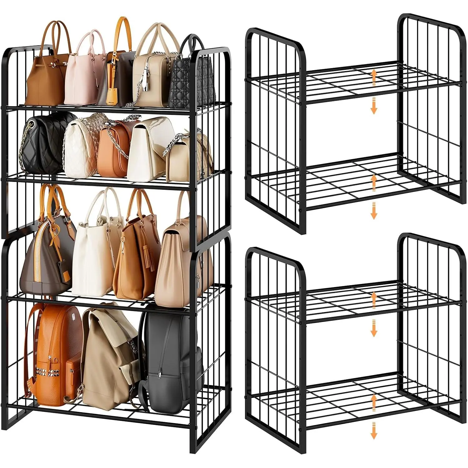 Adjustable Purse Organizer for Closet - Purse Rack with Stackable & Separable Design, Large Capacity 4 Tier Handbag Organizer for Various of bags, Space-Saving bag rack for