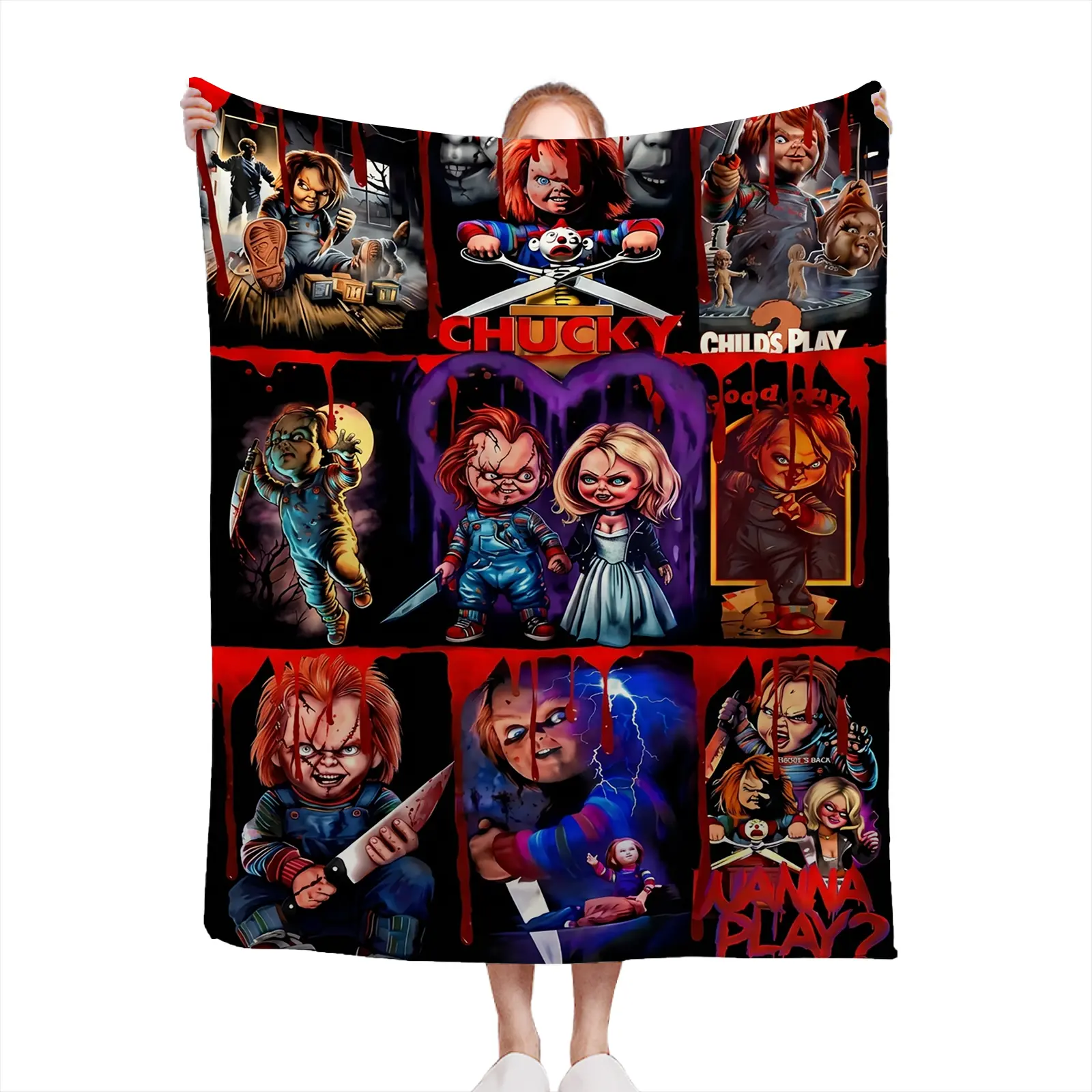 Soft Cozy Throw Blanket Polyester Chucky Horror Movie Collage Print Lightweight Sofa Bed Cover Halloween Gift For Fans2607230366