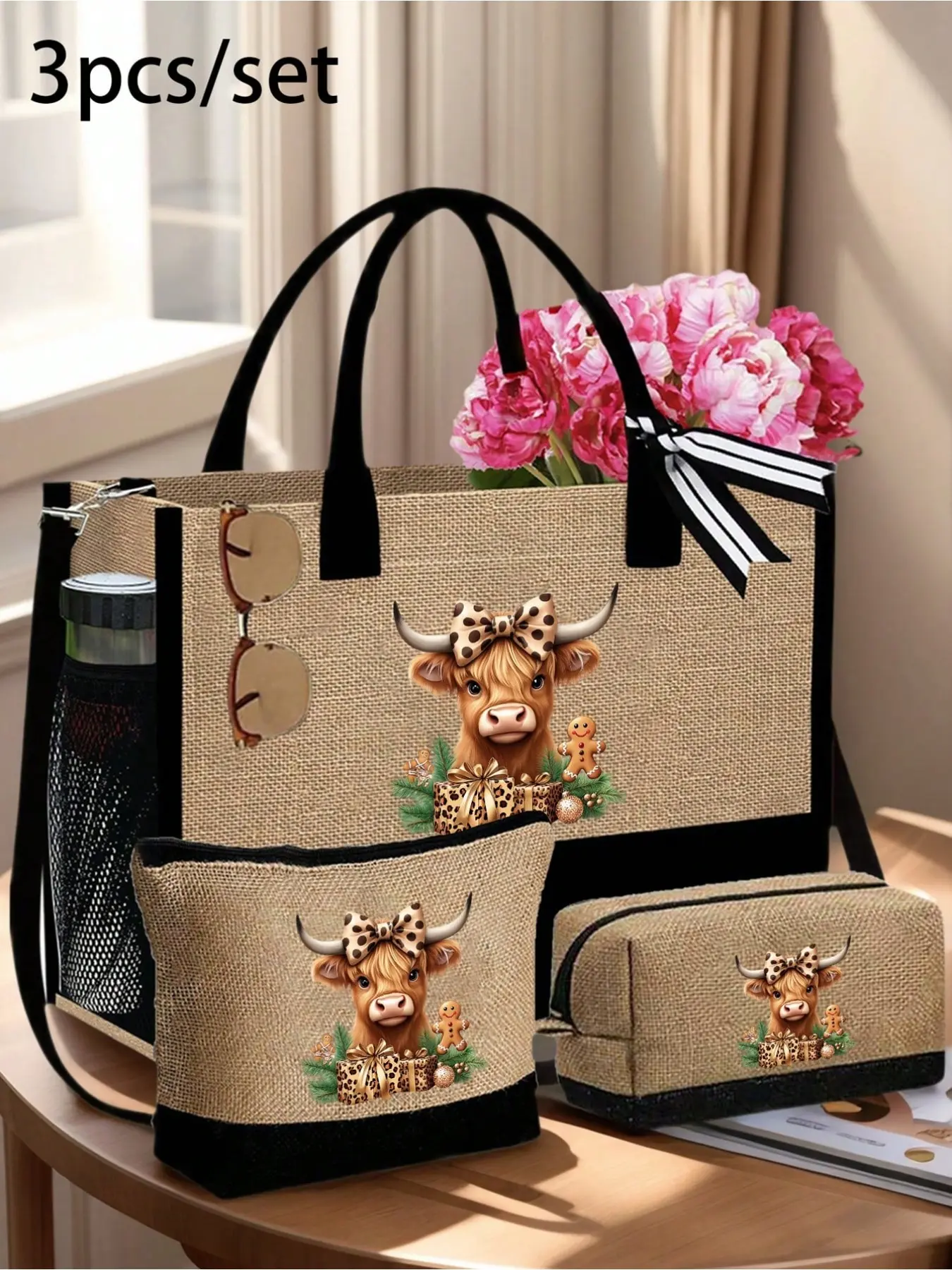 Cute Highland Cow Theme Handbag Set, Includes Handbag, Wallet, Square Bag, Leopard Print Bow, Large Capacity, Travel Organizer