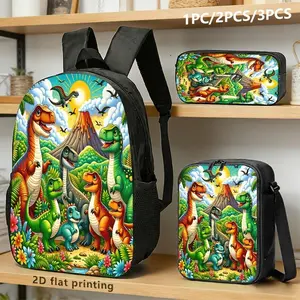 1PC/2PCS/3PCS dinosaur-themed stationery, including shoulder bags, shoulder bags and storage bags, with bright colors, showing a variety of prehistoric creatures in the background of volcanoes and jungles. The design style is lively, suitable for students