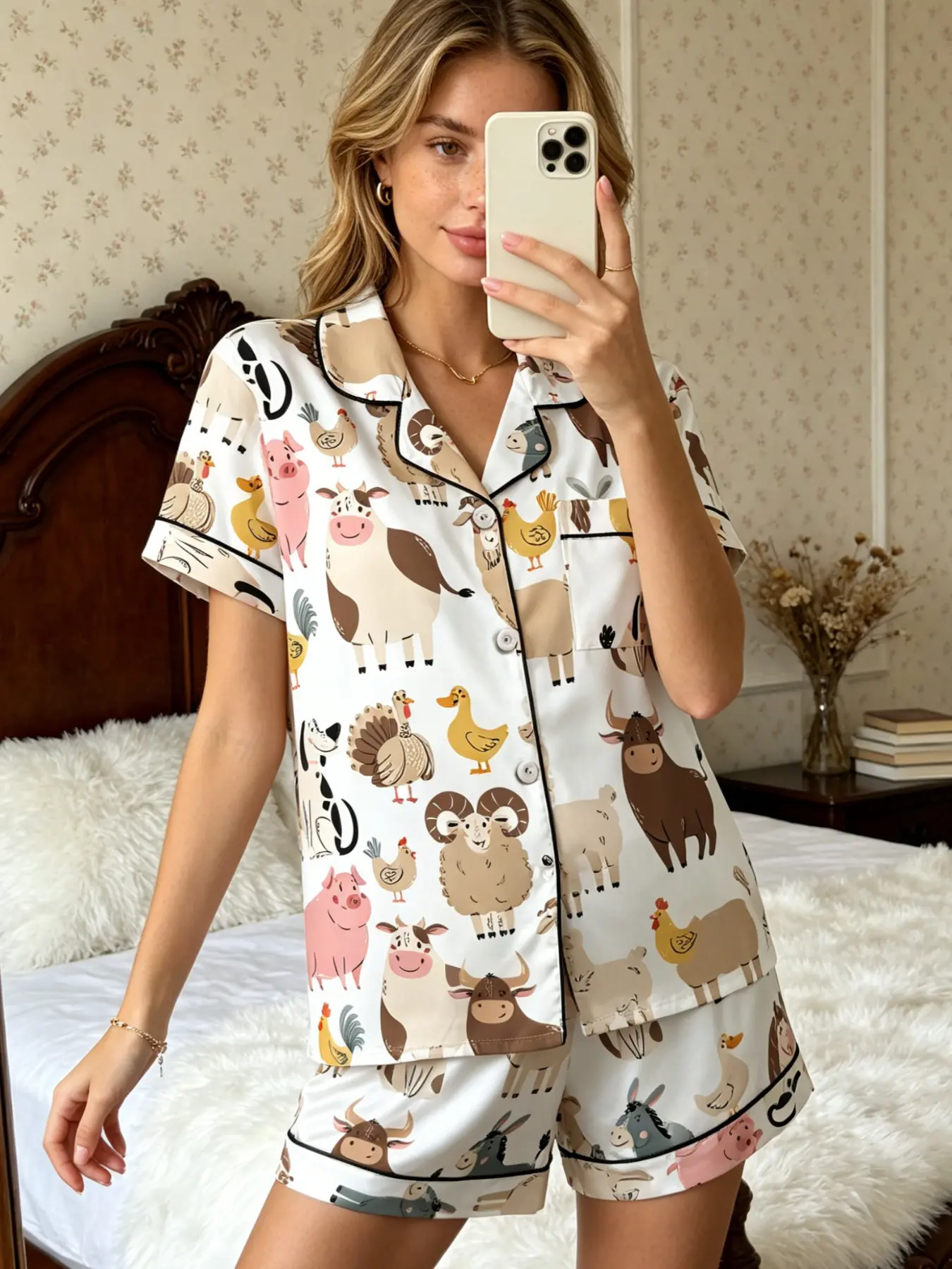 Women's Pajamas Set 2026 Summer Collection Trendy White Cartoon Farm Animals Cows Pigs Chickens Print Black Trim Lightweight Breathable Button Down Short Sleeve Shorts Milk Silk Soft Comfy Loose Fit 2 Piece Casual Sleepwear Loungewear Daily Wear for Women