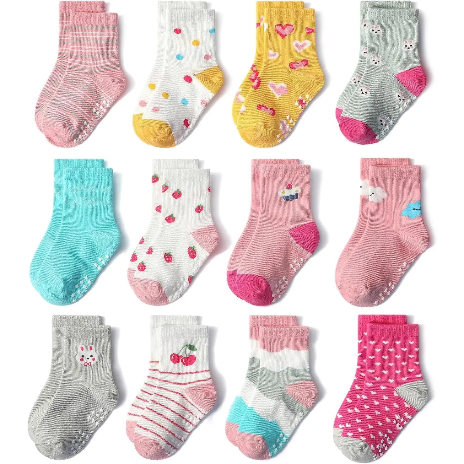 Baby Toddlers Girls Socks, 12 Pairs Non Slip Kids Grips Toddler Grippy Girl House Socks with Grippers  0-7 Years babymusthave breathable