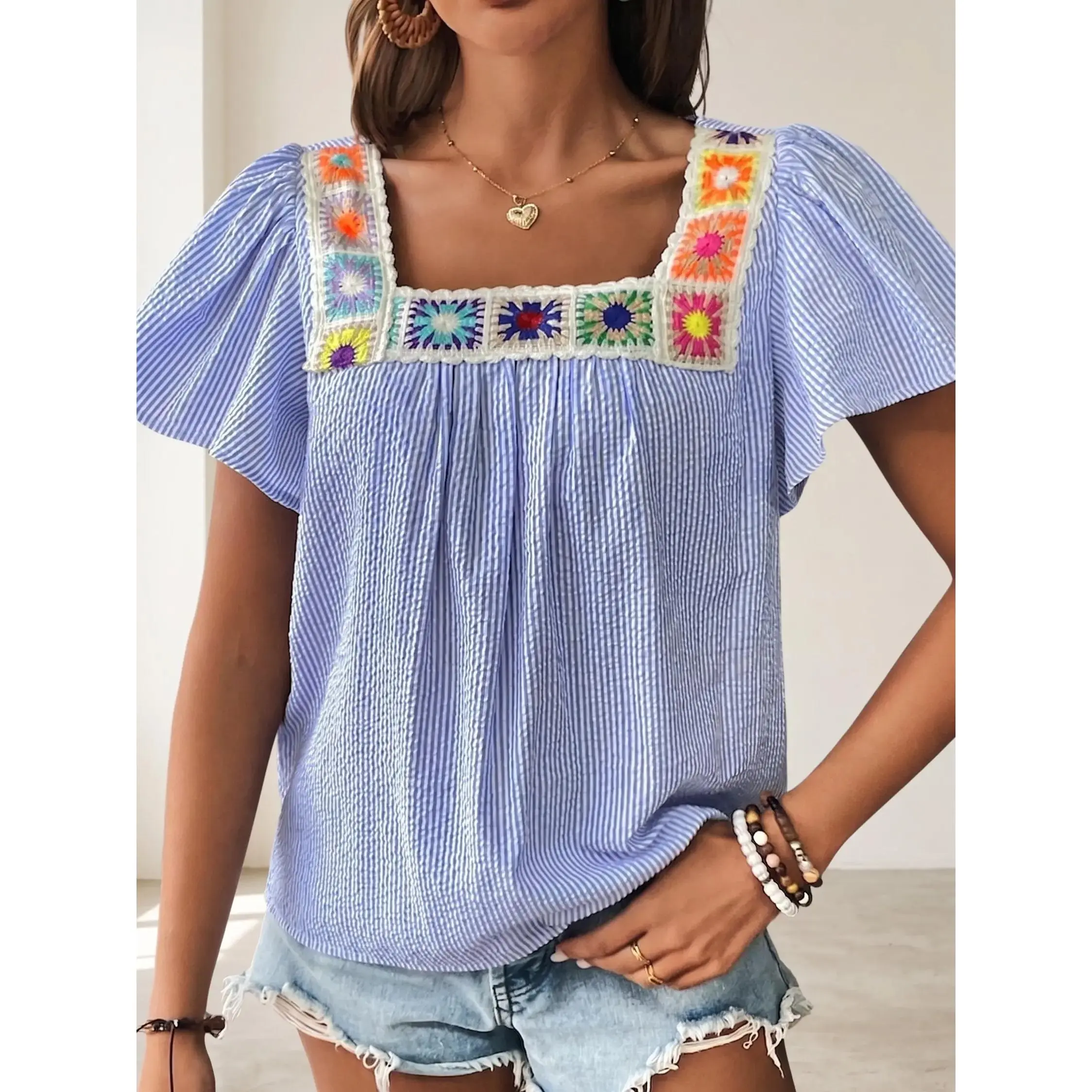 Women's Sky Blue Stripe Textured Ruffle Short Sleeve Boho Detail Square Neck Blouse, Casual Everyday Flowy Summer Shirts for Women, Cute Preppy Bohemian Blouses, Chic Coastal Aesthetic Tops Apparel
