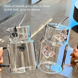 High borosilicate glass three-dimensional water cup butterfly straw cup milk cup transparent glass single-layer juice cup with straw