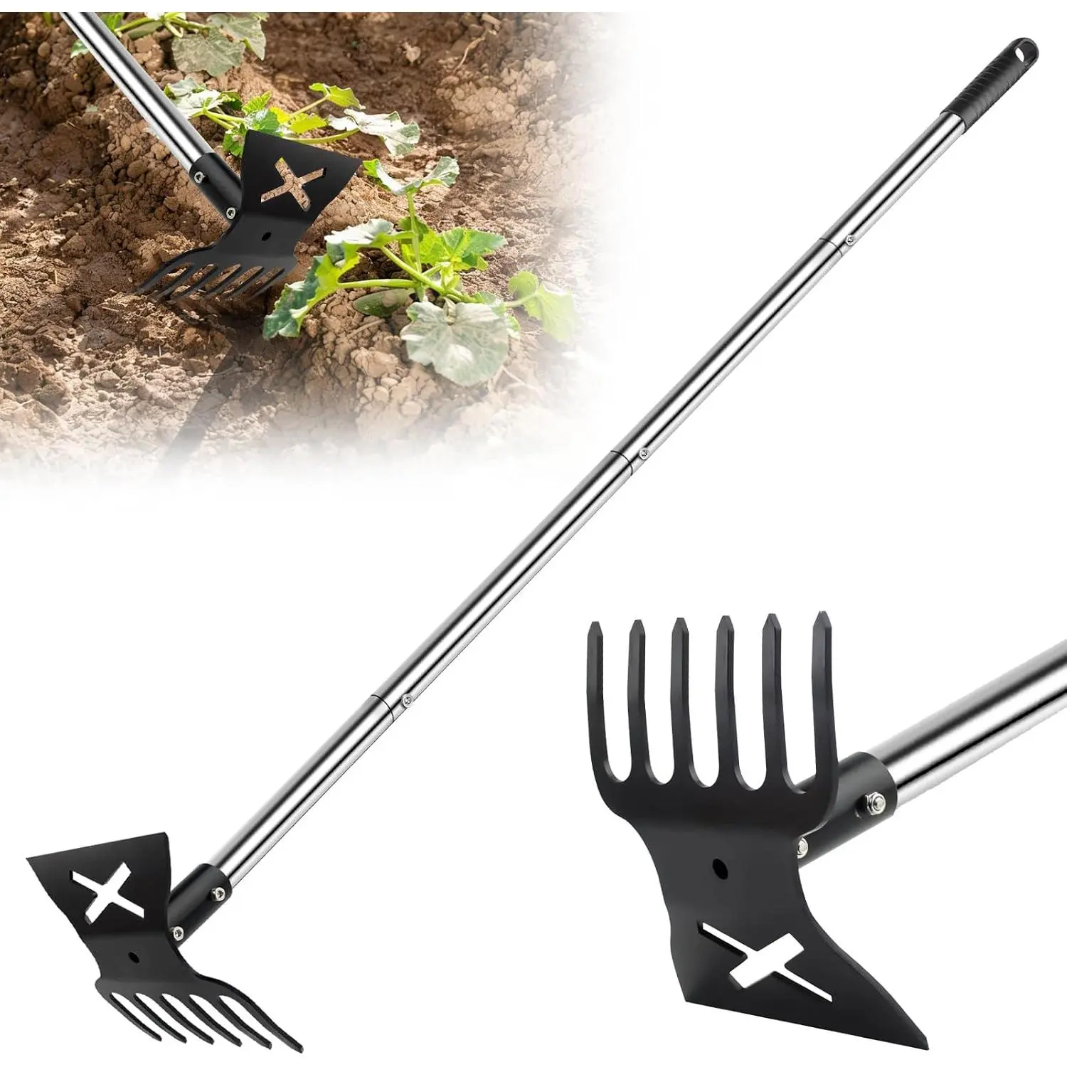 2 in 1 Garden Hoe for Weeding and Cultivator Rake with 57" Long Handle | Heavy Duty Garden Weeders and 6-Tine Cultivators, Adjustable Handle Hoe Garden Tool for Weeding, Planting, Loosening Soil