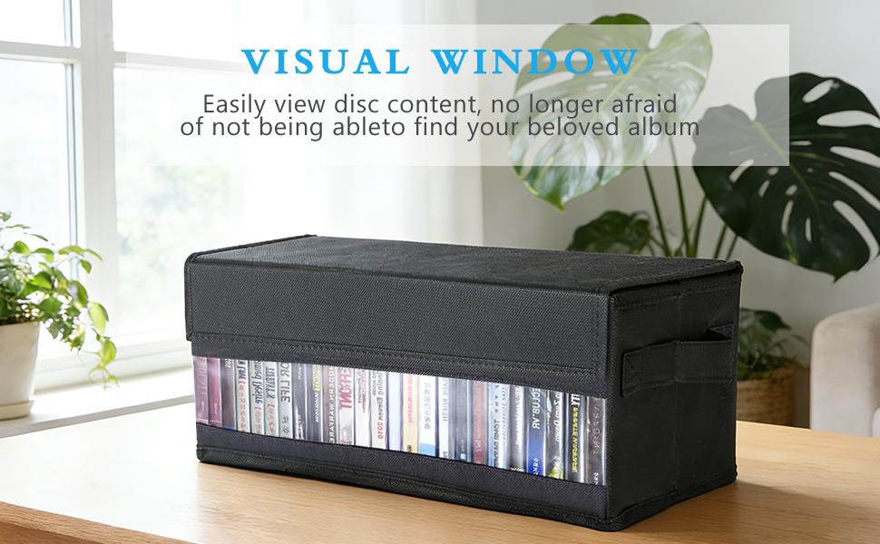 CD Storage Boxes - Pack of 2 CD Cases - 14" x 5.9" x 5.3" Disc Holders with Lids & Visual Window, Holds Up to 32 CDs in full jewel cases, 65 CDs in slim ca