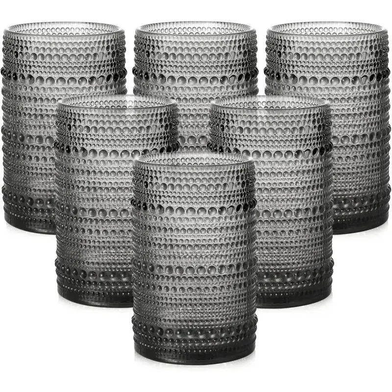 Retro European Sturdy Glass Tumbler Set (6-Piece, 15 oz/0-500 ml Embossed Grey Hobnail), Easy-to-Grip Drinking Glasses with Straw & 1 Cleaning Brush for Adults, Bars & Bar Owners
