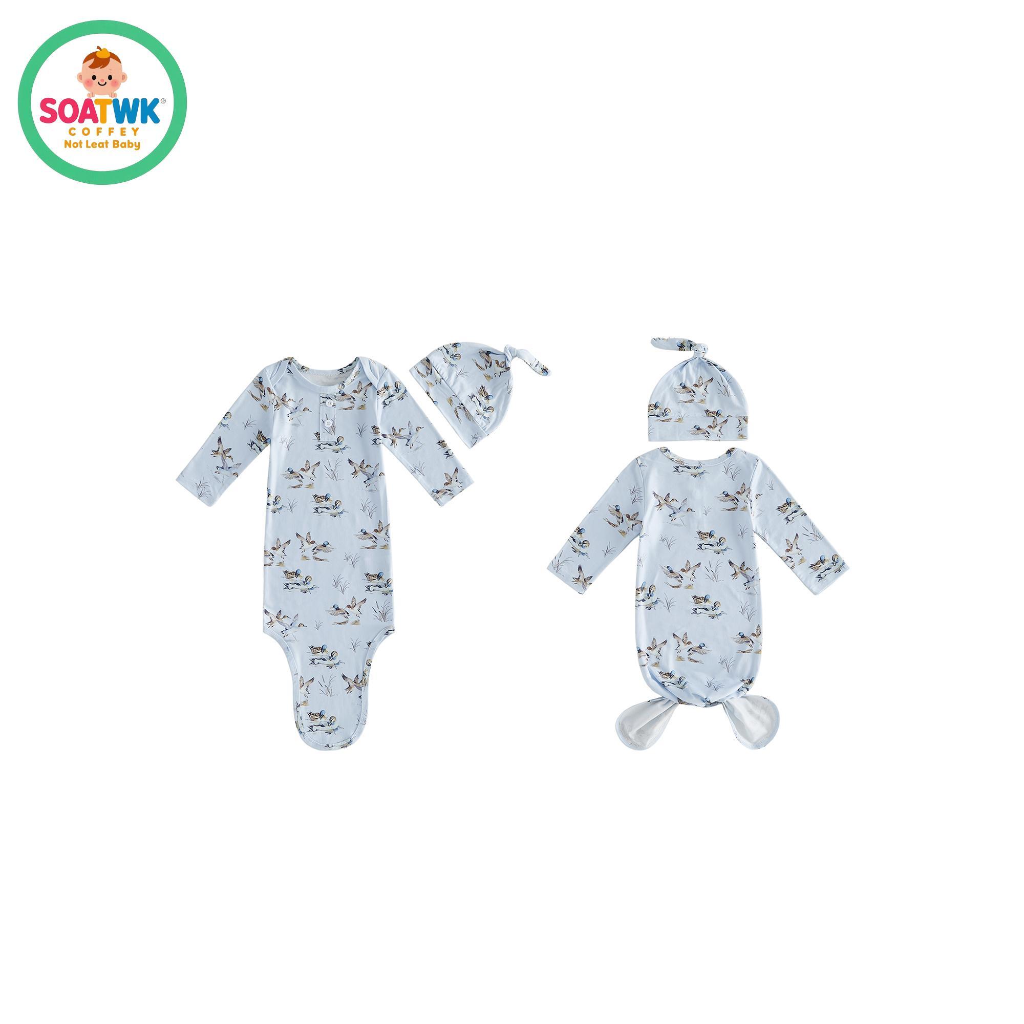 Baby Boy Sleeping Bag with Hat Cute Duck Print Newborn Knotted Gown Infant Swaddle