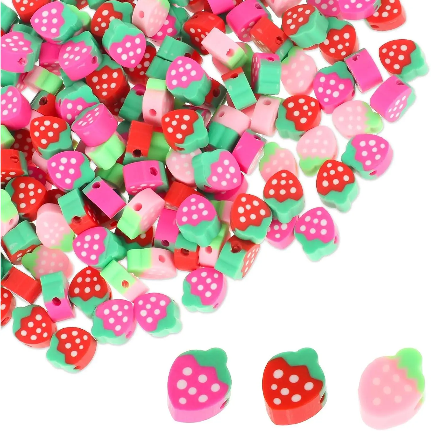 150 count Polymer Clay Strawberry Beads, Slice Shaped Strawberry Bead with Small Hole Fruit Spacer Beads for DIY Bracelet Necklace Earring (3 Colors)