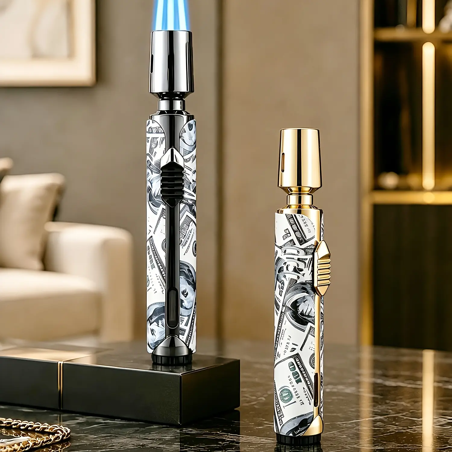 (Butane Not Included) Metal Lighter, Luxurious Rich Pattern Checkered Long Tube Design Polished Windproof Refillable Butane Adjustable Triple Blue Flame Jet Lighter with Visible Tank, Made of Zinc Alloy, Easier for Candles Camping Barbecue