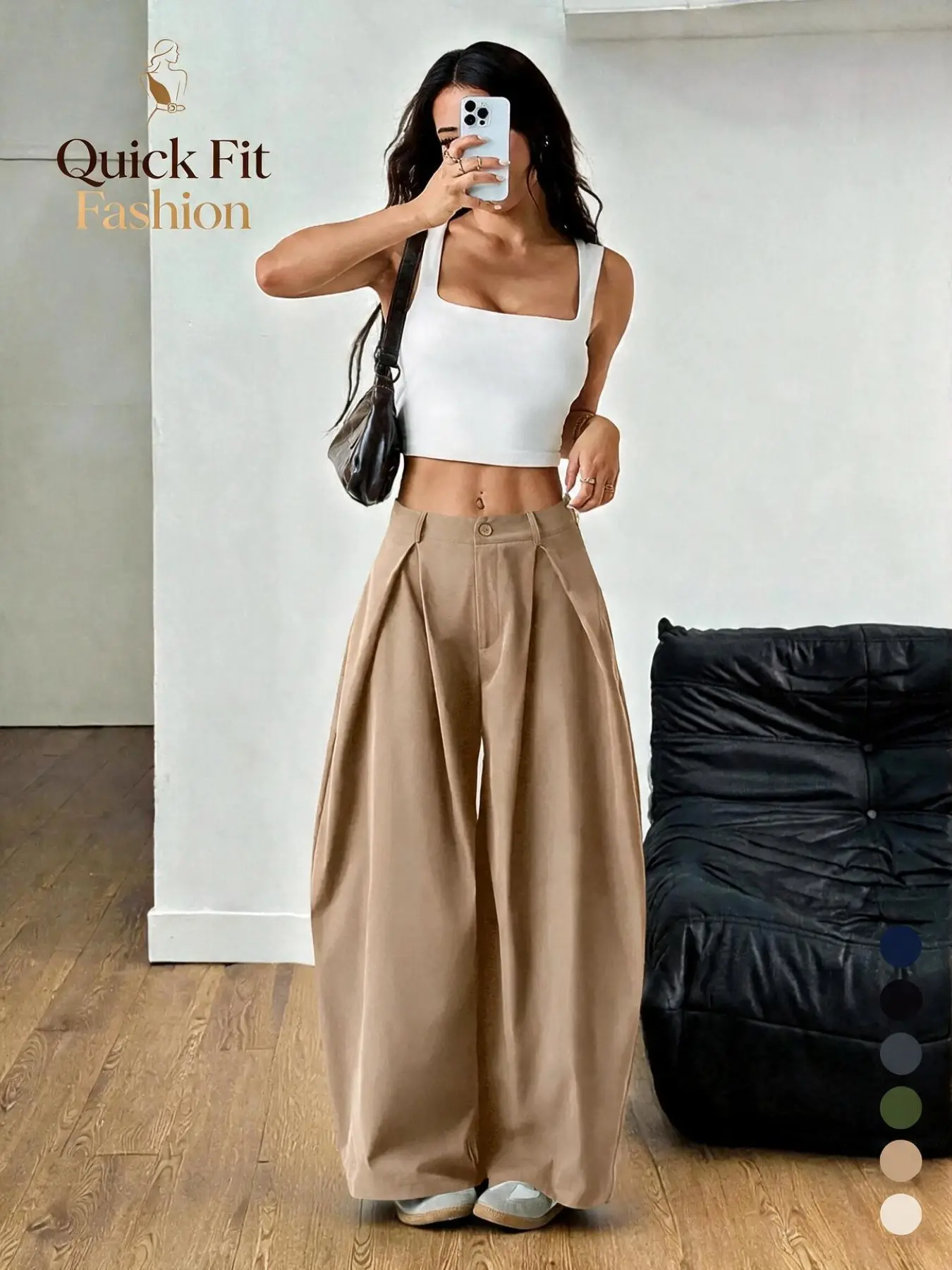 Women's High-Waisted Pleated Wide Leg Suit Pants, Elegant Drape Arc Banana Pants, Casual Loose Fit, Street Style, Retro Office Wear