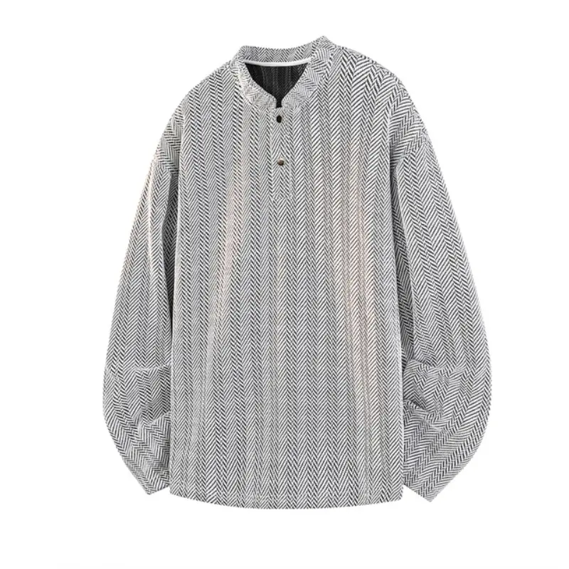 Men's Stylish Classic Casual Herringbone Henley Long Sleeve T-Shirt Top, Retro, Fine Jacquard Fabric, 2-Button Partial Placket, Soft & Breathable, Ideal for Spring & Autumn Daily Commute & Inner Layering, Tshirt, Longsleeves, Menswear, Henley Shirt, Cold,