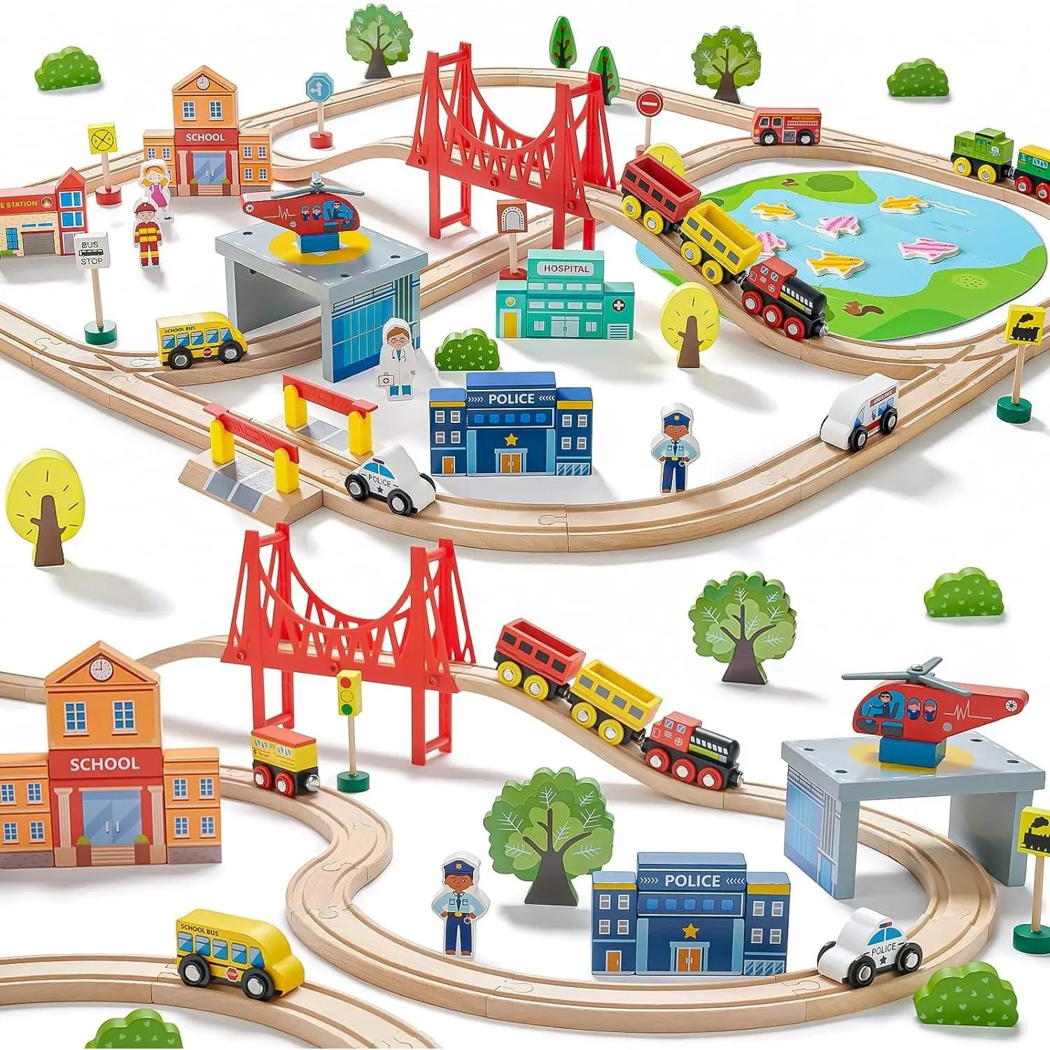 110PCS Wooden Train Set with Colorful Toys, Curved Tracks, Wooden Parts - Brand-Compatible Railway Playset for Kids Ages 3-7, Ideal Birthday Gift