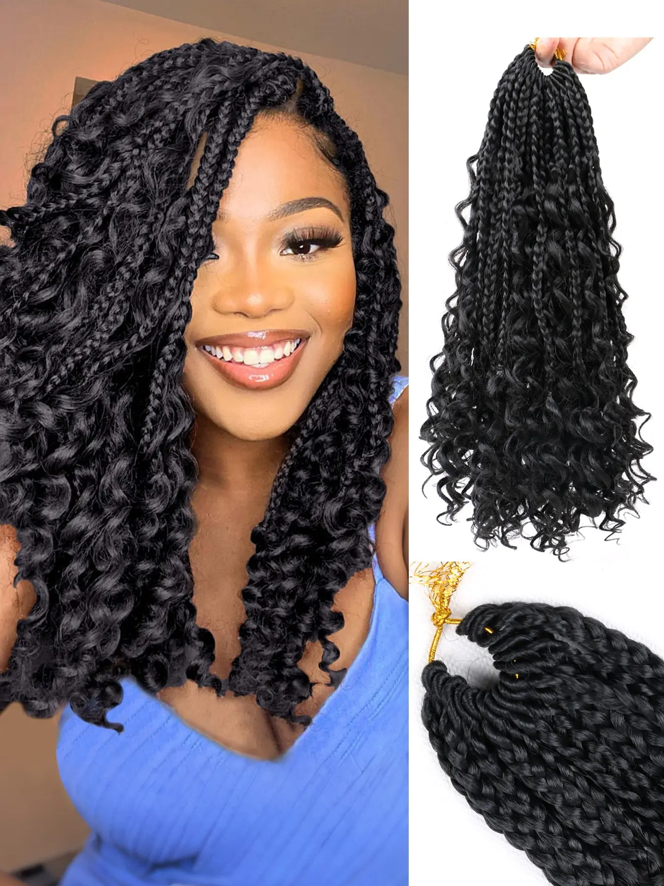 Goddess Box Braids Crochet Hair With Curly Ends 14 Inch 3 Packs 48 Strands Bohemian Box Braids Crochet Braids Pre-looped Synthetic Crochet Hair for Women