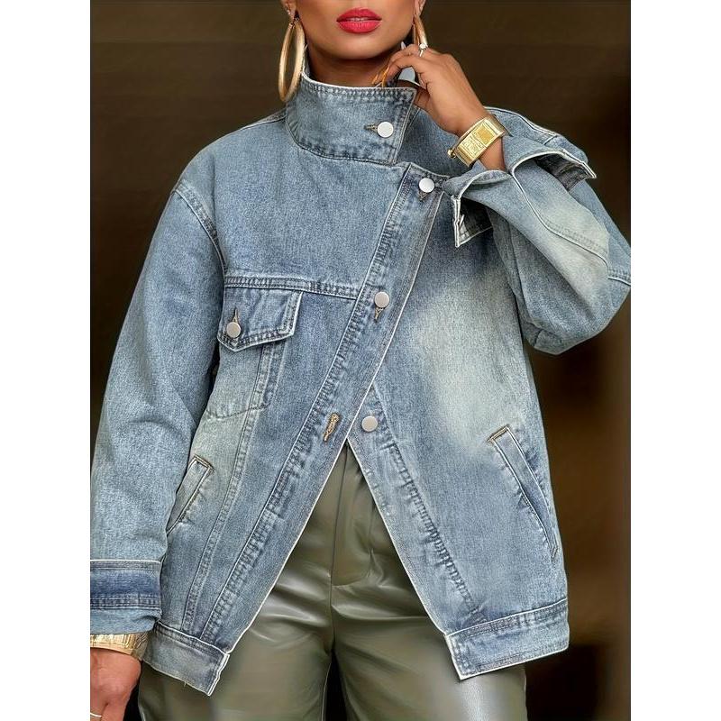 Women'S Vintage Washed High Neck Asymmetric Button Loose Denim Jacket Street Style Trendy Versatile Top For Spring Autumn Winter Seasons Coats....