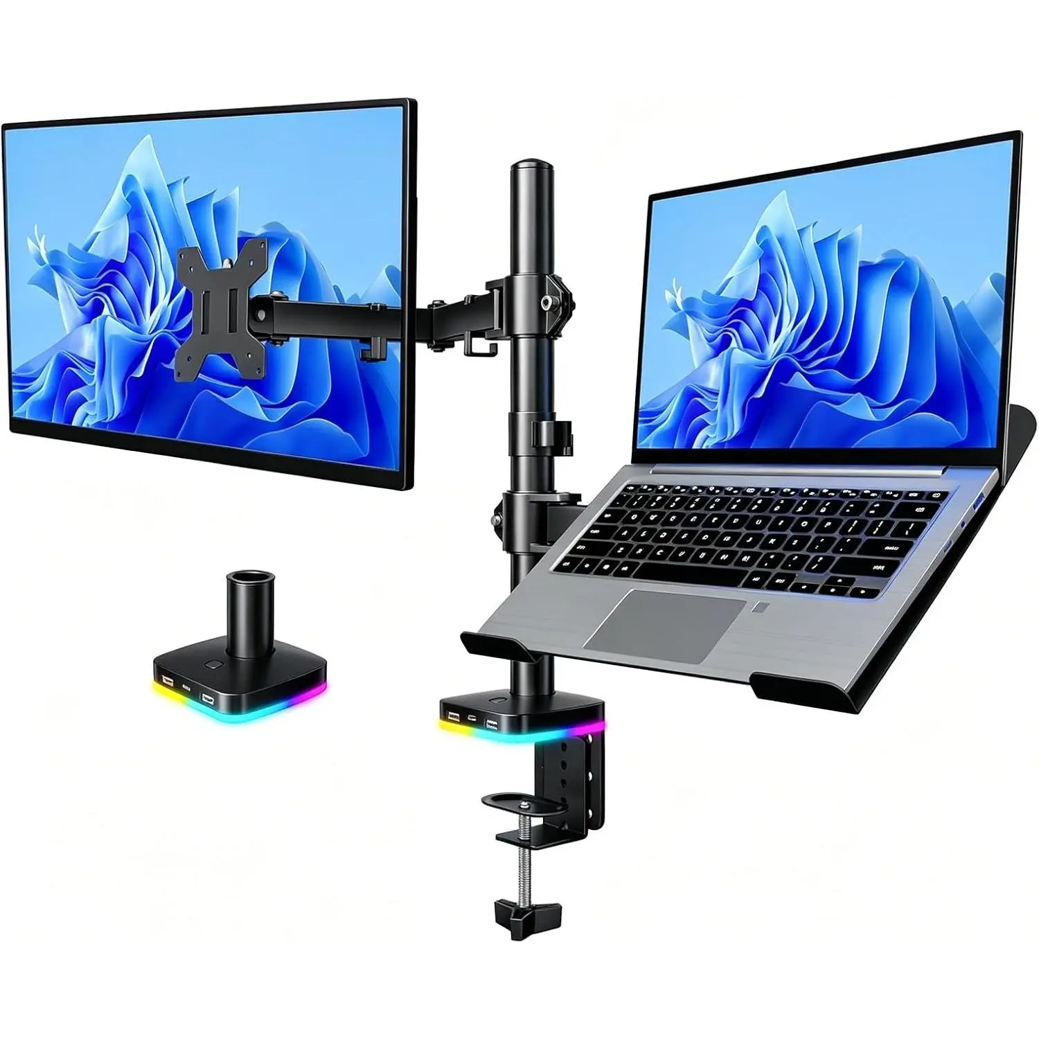 RGB Monitor and Laptop Mount with USB Hub, Dual Arm Desk Mount for 13-32 Inch Monitor & 11-17 Inch Laptop, Removable Tray, 1 Type-C & 2 USB Ports, VESA 75x75/100x100mm, C-Clamp