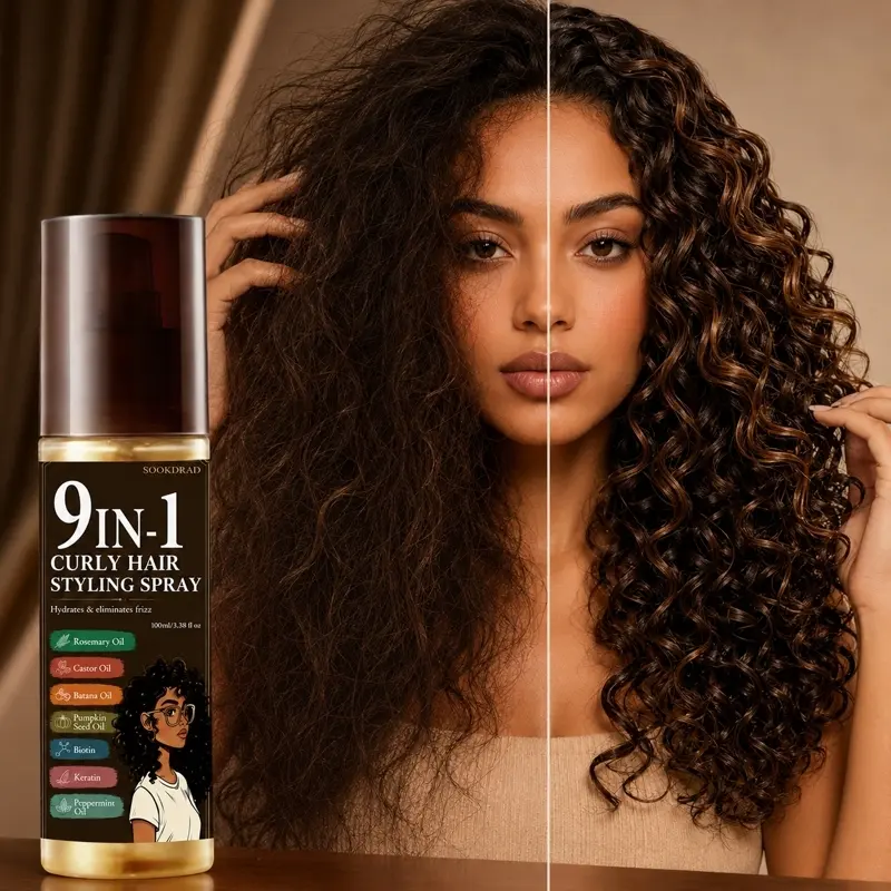 9-in-1 curly hair styling spray, adds rosemary oil, castor oil, batana oil, pumpkin seed oil, biotin, keratin, peppermint oil, hydrates hair, eliminates frizz, for curly hair, 100ml/3.38 fl oz