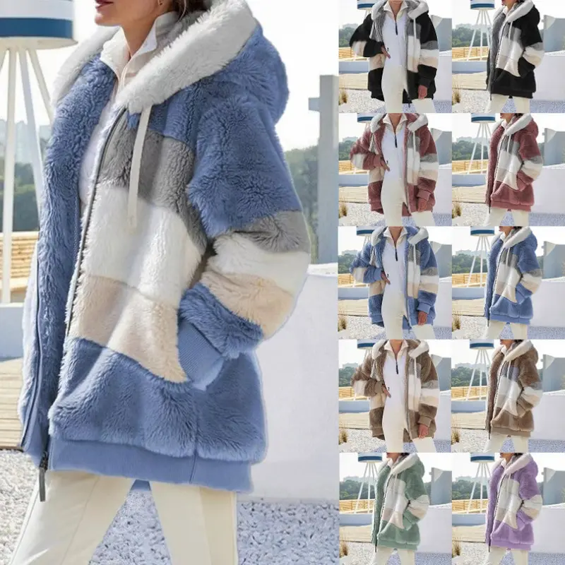 Women's warm, fleece-lined, patchwork, zippered, hooded, and loose-fitting outerwear for fall and winter