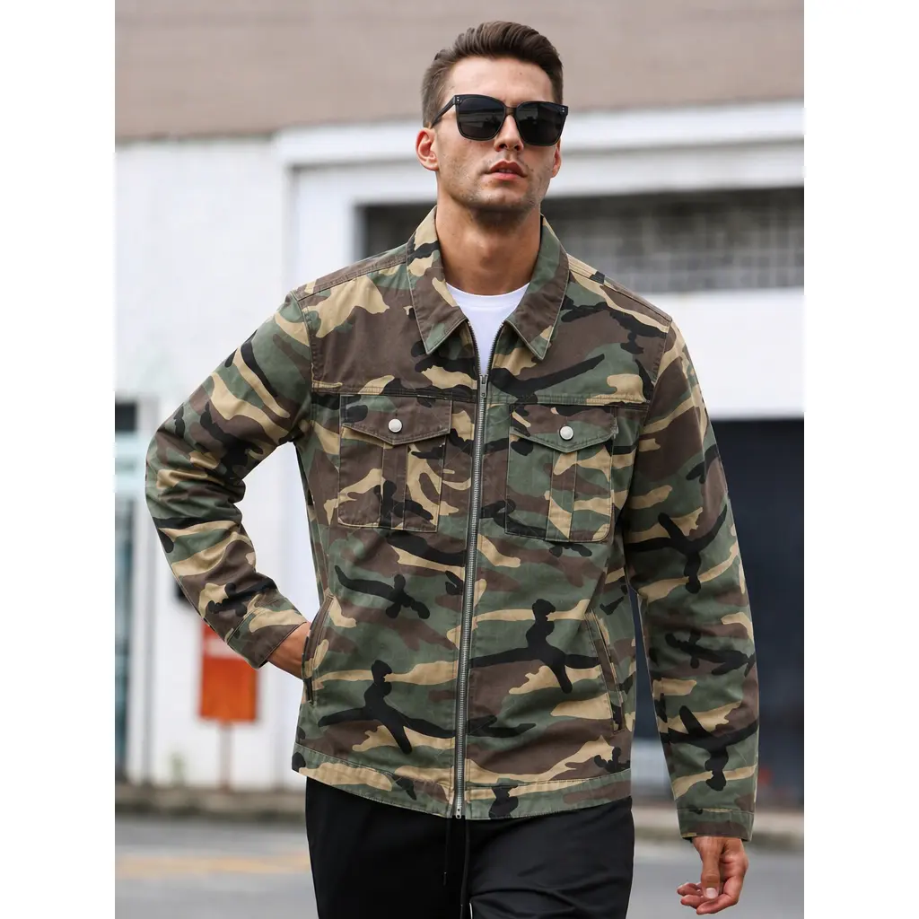 Men’s Military-Style Camouflage Zip-Up Utility Jacket - Regular-Fit Outerwear with Pointed Collar, 2 Snap-Button Chest Pockets, Side Hand Pockets, Full Zipper Closure, Ideal for Daily Streetwear & Layering