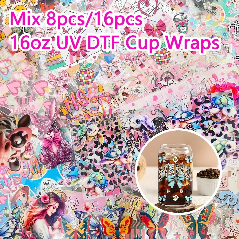 8pcs/16pcs Mixed UV DTF Cup Wraps, Waterproof Creative UV DTF Cup Wraps for 16oz, Suitable for Water Cups, Bottles, DIY Crafts