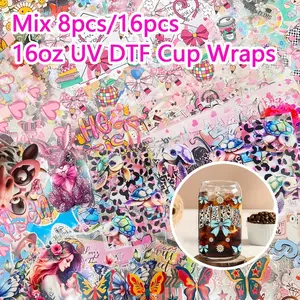 8pcs/16pcs Mixed UV DTF Cup Wraps, Waterproof Creative UV DTF Cup Wraps for 16oz, Suitable for Water Cups, Bottles, DIY Crafts