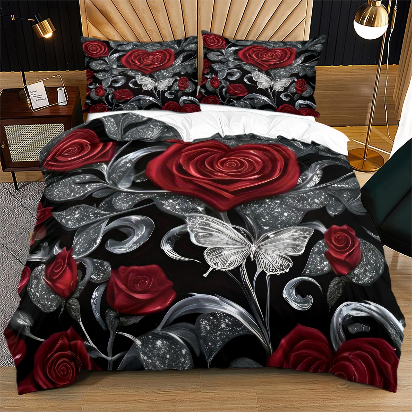 Rose Pattern Bedding Set, Soft Comfortable Sheets & Pillowcases, Bedroom Decor, Includes Fitted Sheet, Flat Sheet, 1/2 Pillowcase