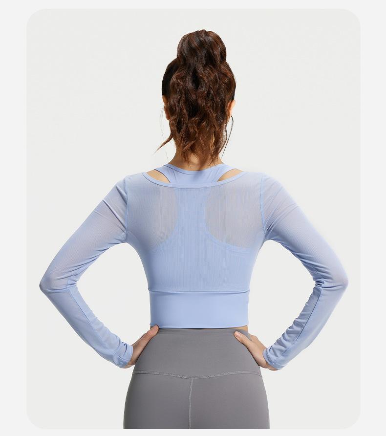 Women's Yoga Outfit for Spring and Autumn, Two-piece with Chest Pads, Long Sleeve Mesh Sheer Sports Top for Pilates Training and Fitness
