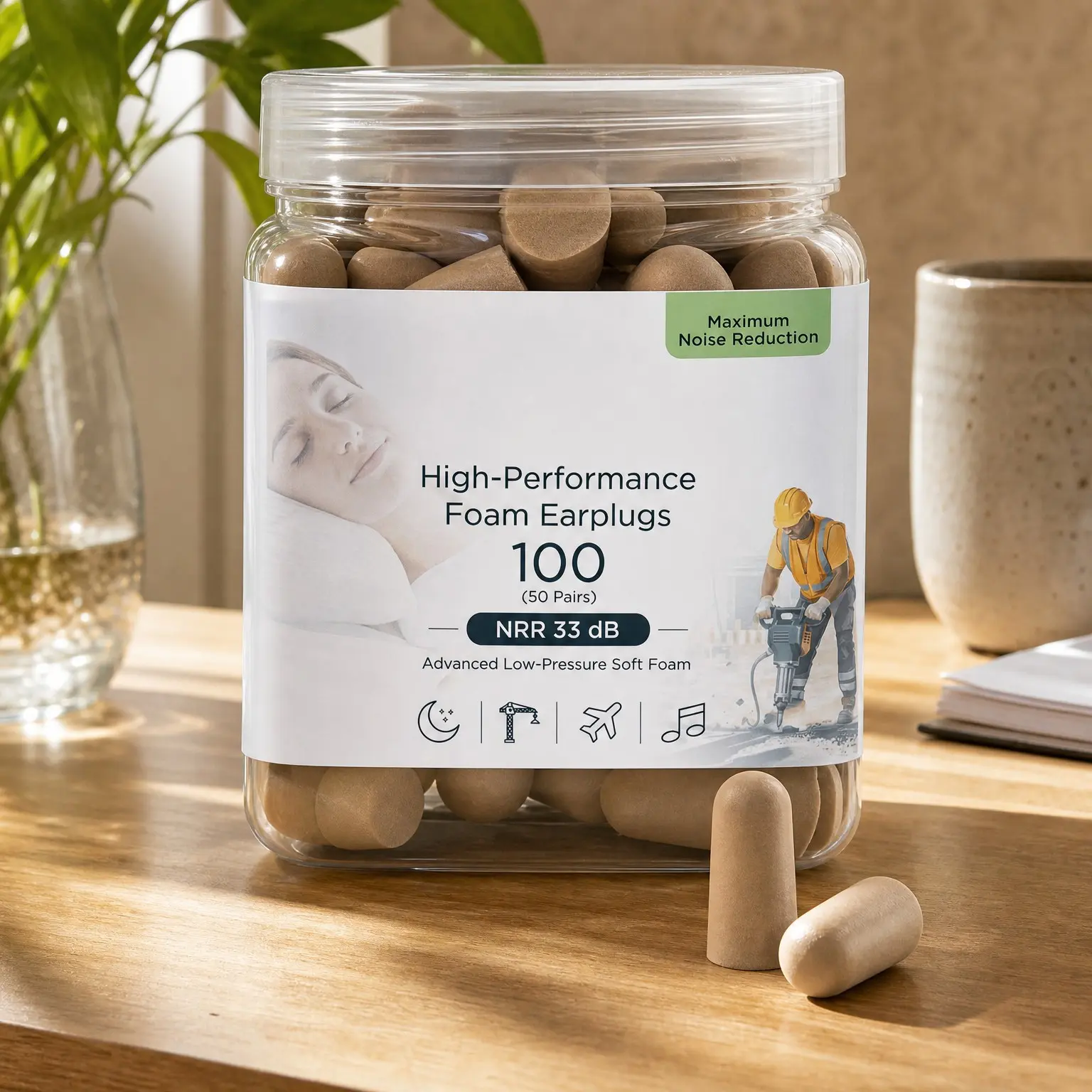 Soft Foam Earplugs, 33 dB NRR, 50 Pair (100 Ear Plugs), Maximum Protection for Sleeping, Power Tools, Loud Work Environments (Beige)