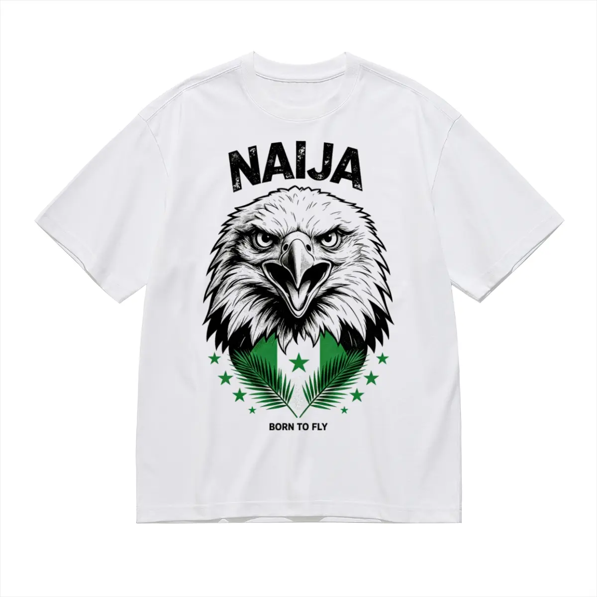 ALTER EGO LAB Men's Naija Eagle Logo Heat Print Cotton T-Shirt - Oversized Streetwear Fit, Round Neck, Nigerian Pride Heritage Menswear Tops, Green Short-Sleeve Casual Grunge Apparel, Graphic, Green Stars, Leaves, Shortsleeve, Black, Plants, True To Size,