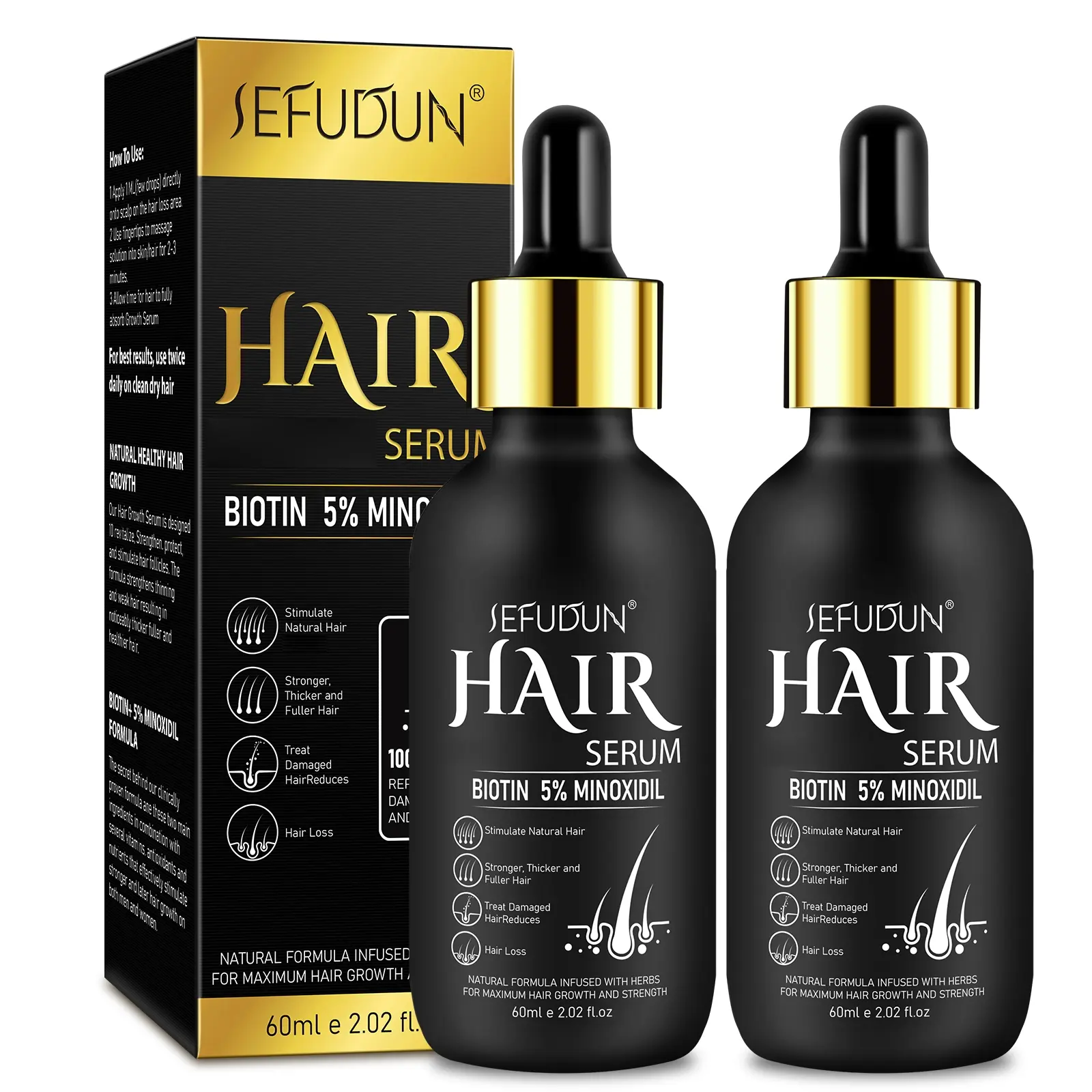 Sefudun Hair Growth Serum, Hair Growth Products, Hair Growth Liquid, Natural Herbal Formula Ginseng, Repairs Split Ends, Nourishes Scalp & Strengthens Hair, Suitable for Men, 2 Bottles