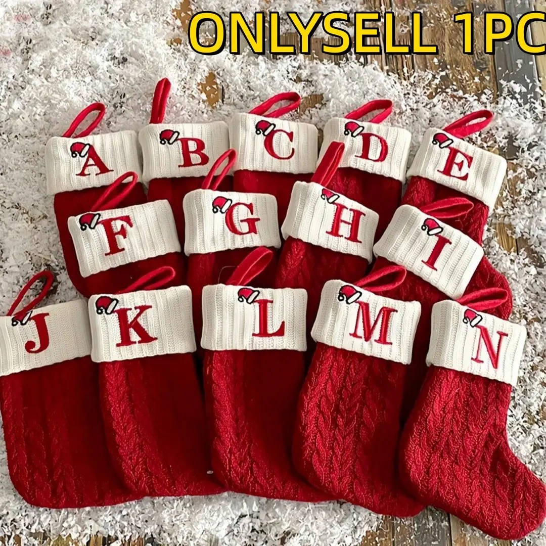 1Pc Small Christmas Knit Letter Pattern Stocking, Personalized Initial Long Sock, Fireplace Hanging, Party Gift, Home Decor, Winter Holiday Decoration，party gift，Christmas gift set，Christmas decoration.