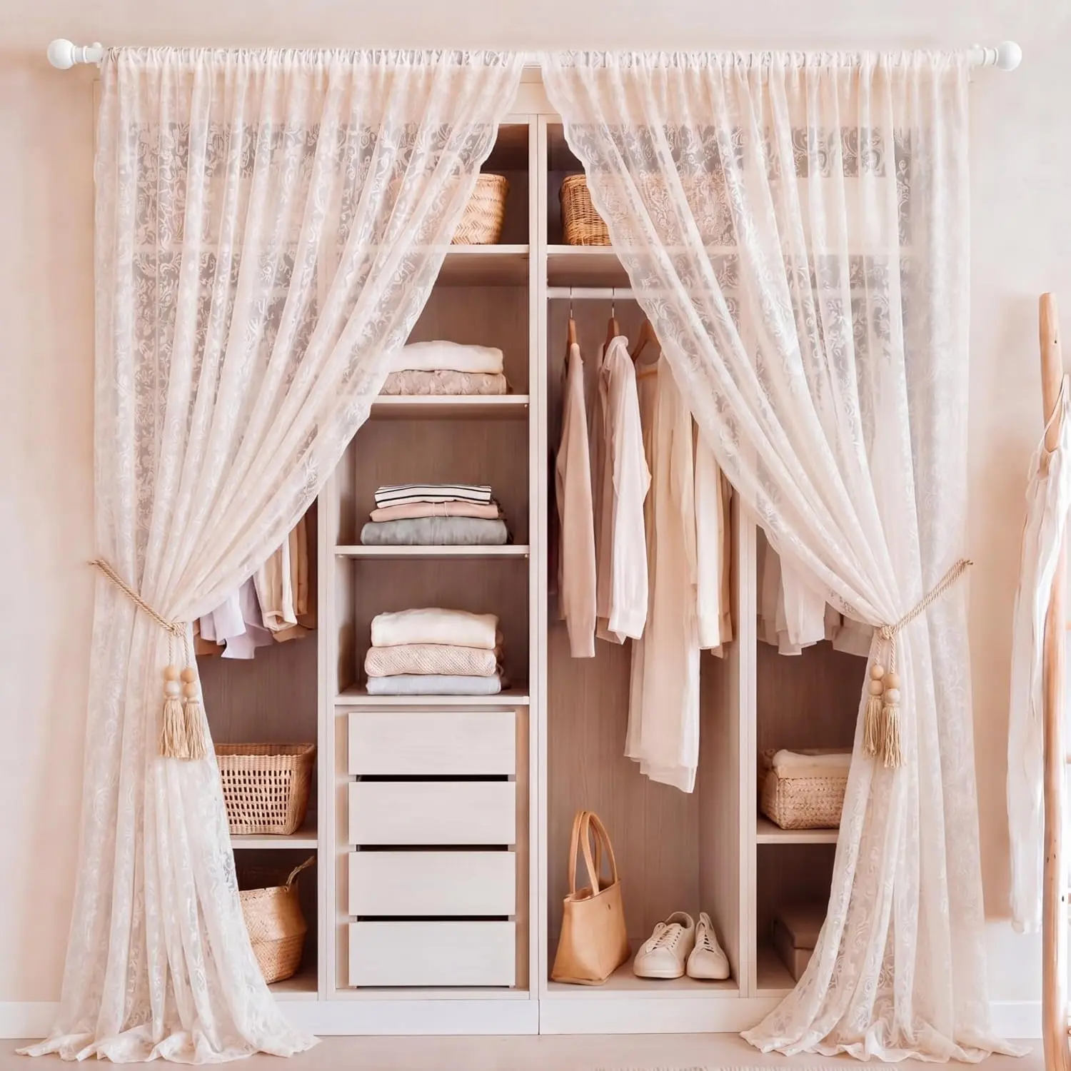 2-Pack Country Print Lace Ruffled Closet Curtains (55x80 in) - Synthetic, Durable, Easy Rod Pocket Installation, Adjustable Bead Tiebacks, Modern Design, Generous Full Coverage, Open Closet Divider, Cold Wash Compatible