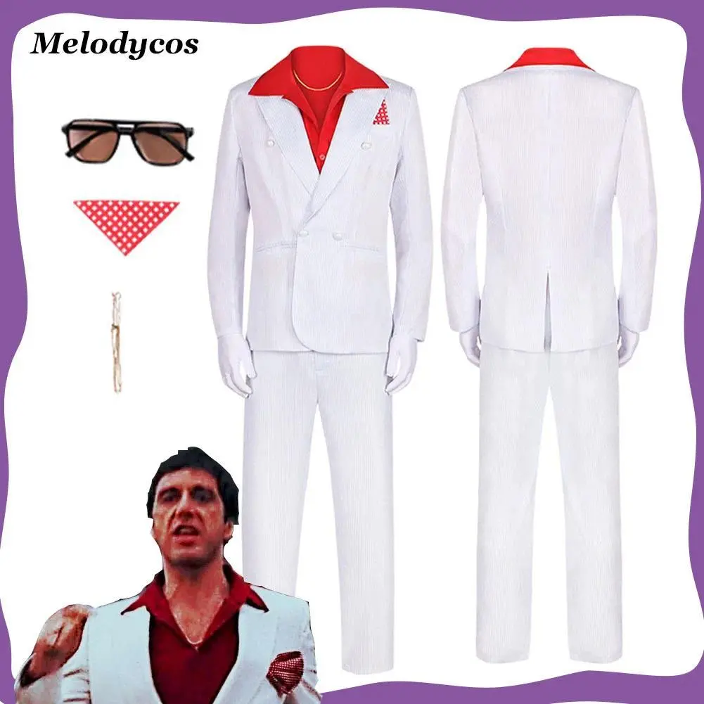 Male 1983 Movie Scarface Al Pacino Cosplay Suit - Adult Costumes Set with Shirt, Coat, Pants, Gloves, Sunglasses, Handkerchief for Halloween, Carnival Party