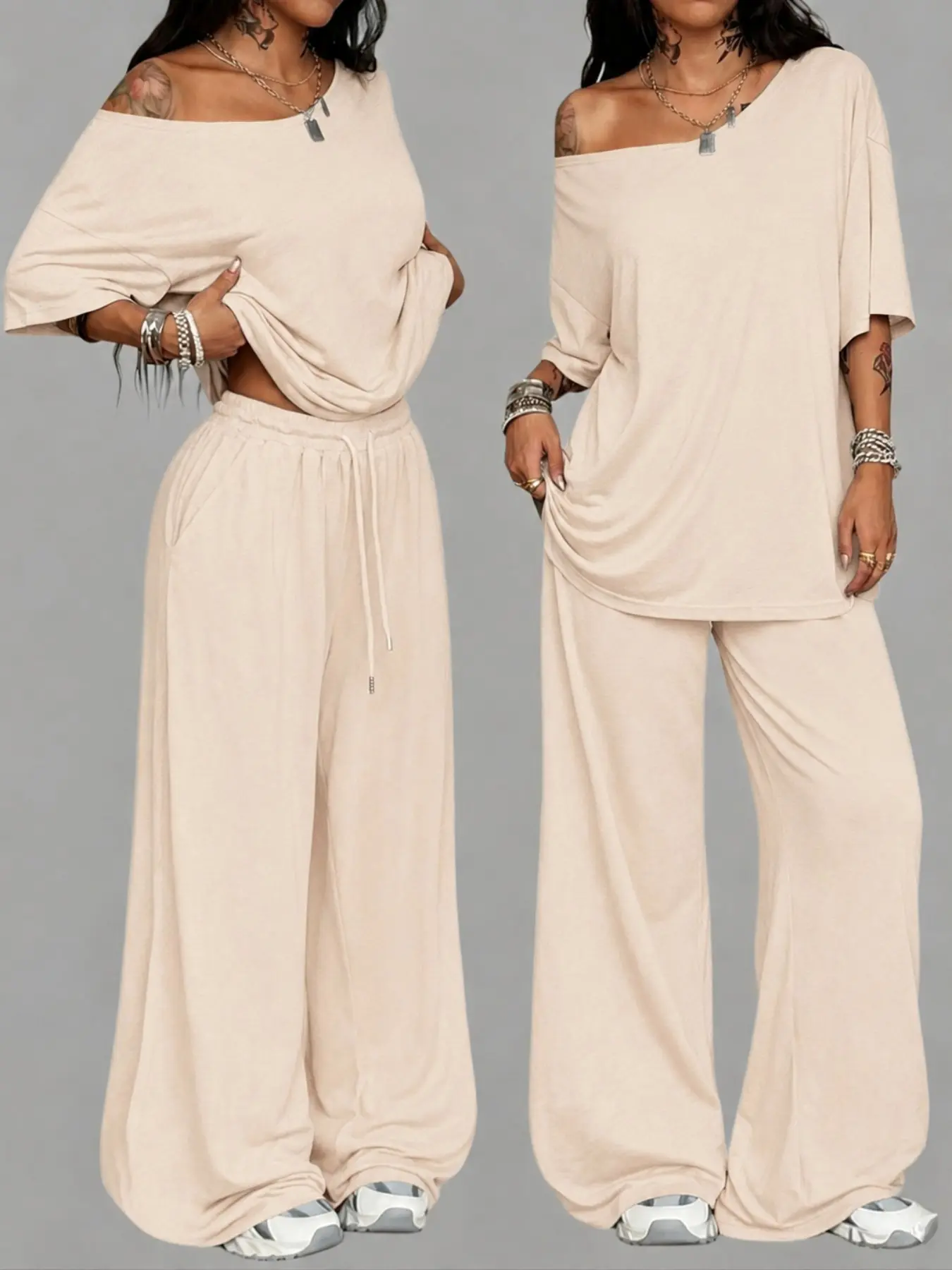 Women's Two-Piece Off-Shoulder Casual Top and Bottom Set, Loose Wide-Leg Pants, Cozy Knitwear, Comfortable Home Wear, Sporty Leisure