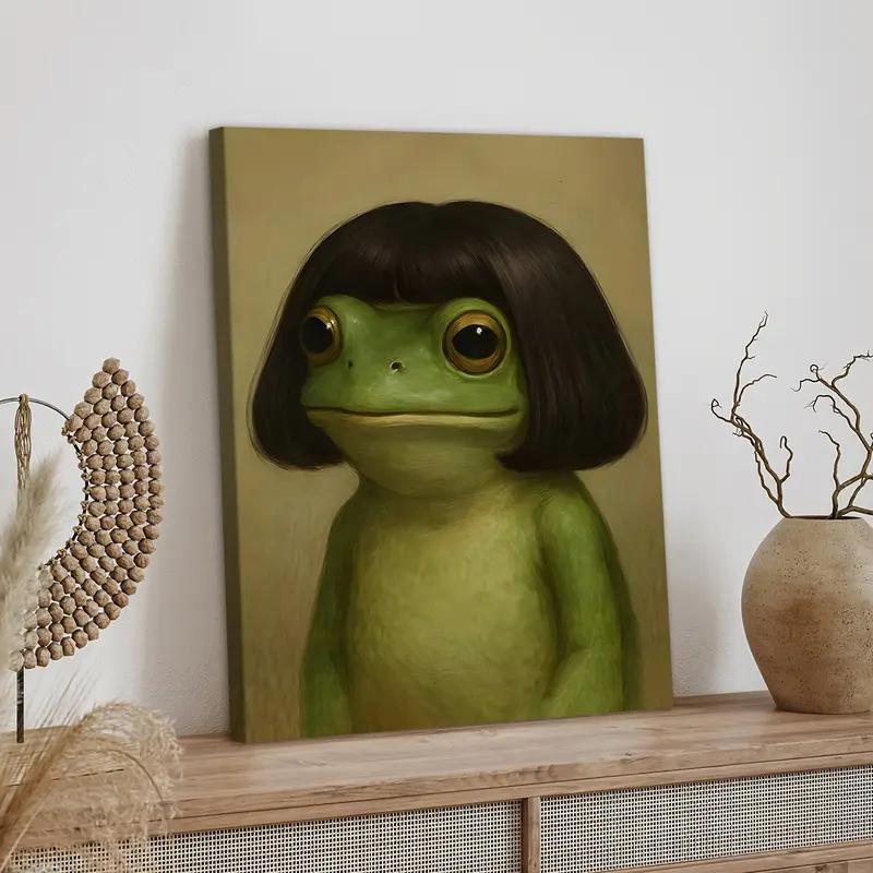 1pc Wooden-Framed Whimsical Frog Portrait Poster - Vibrant Cartoon Design, Green Frog with Bob Haircut Canvas Art, Whimsical Home Decor for Bathroom, Bedroom Wall Decoration