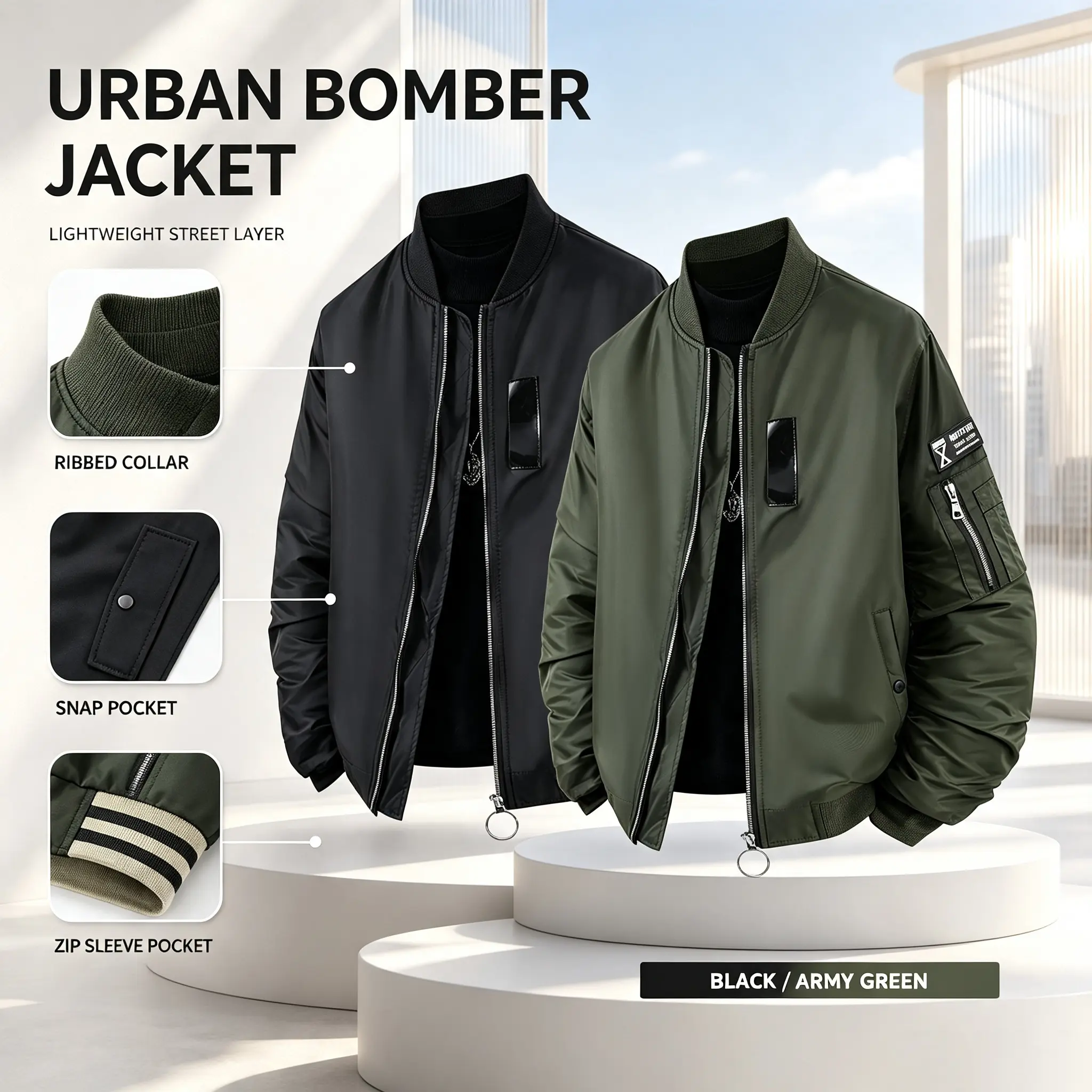 Vintage Military Bomber Jacket Men Rib Collar Metal Zip Casual Streetwear Wind Outerwear
