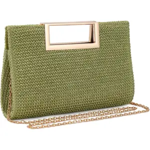 Women’s Straw Raffia Clutch Purse, Top Handle Woven Handbag with Crossbody Strap, Summer Beach Shoulder Bag
