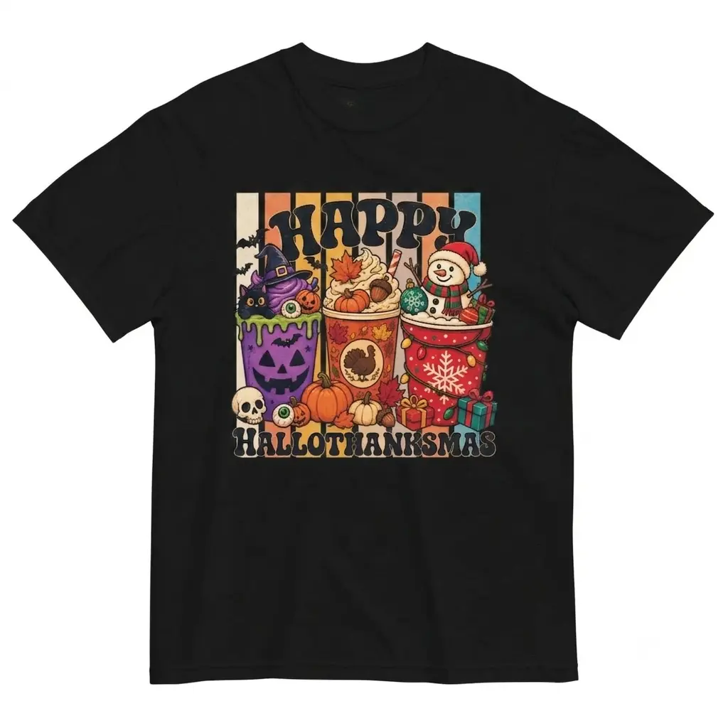 Unisex Short Sleeve Tee, Happy Hallothankmas Printed, USA-Made Cotton Fabric Sports Top with Comfortable Fit, Shortsleeve, Soft