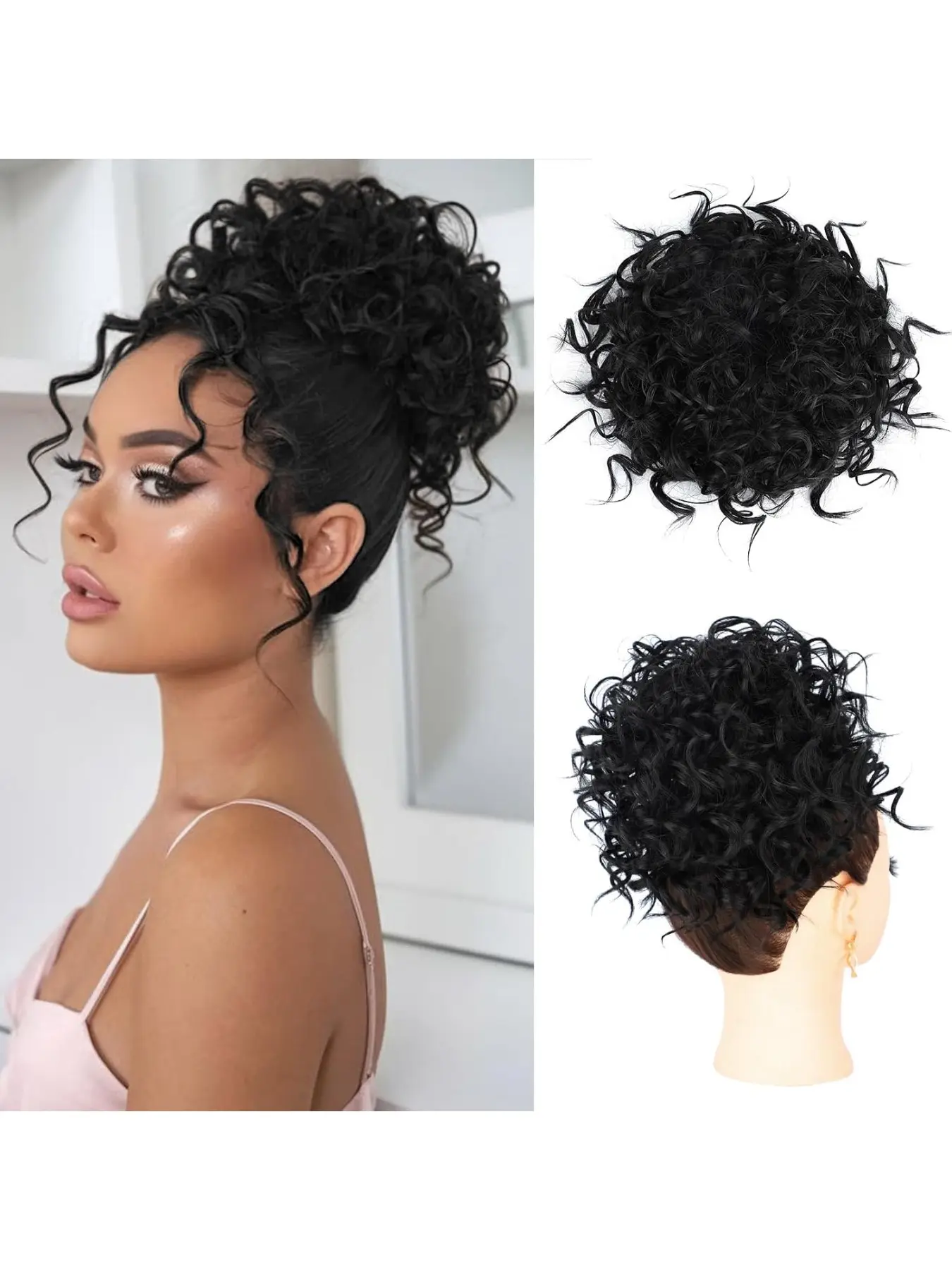 LOMMEL Messy Bun Hair Piece,Loose Wave Curly Buns Hair Piece Elastic Drawstring Short Curly Ponytail Extension Synthetic Extensions for Women Daily Use Fiber Synthetic Curls (Black)