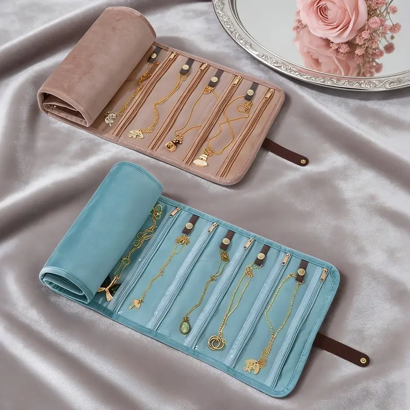 Rollable Velvet Travel Jewelry Roll Bag with Clear Window, Multi Slots Portable Necklace Earring Storage Organizer, Luxury Mini Jewelry Pouch for Women Trip Daily Accessories