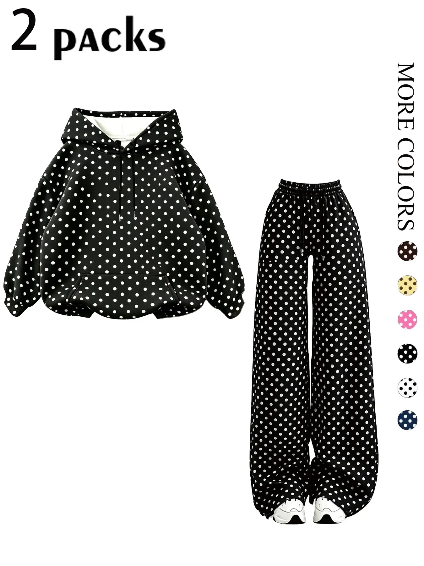 Women’s 2-Pack Polka Dot Hooded Sweatshirt & Wide Leg Trousers Set, Trendy Loose Casual Sport Tracksuit for Daily Wear, Soft Outfit, Loungewear, Casual Sporty Fashion Set