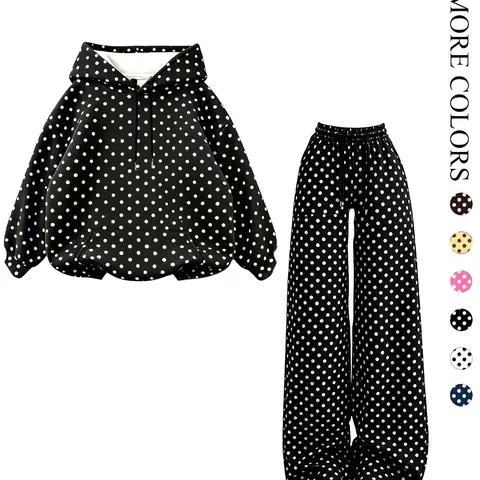 Women’s 2-Pack Polka Dot Hooded Sweatshirt & Wide Leg Trousers Set, Trendy Loose Casual Sport Tracksuit for Daily Wear, Casual Sporty Design, Soft Outfit, Loungewear, Casual