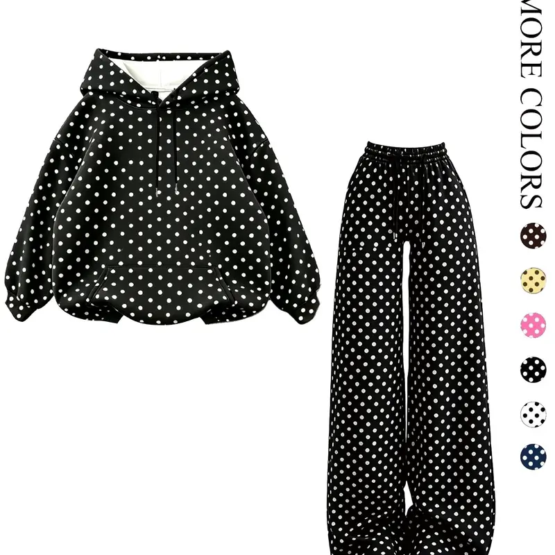 Women’s 2-Pack Polka Dot Hooded Sweatshirt & Wide Leg Trousers Set, Trendy Loose Casual Sport Tracksuit for Daily Wear, Casual Sporty Design, Soft Outfit, Loungewear, Casual