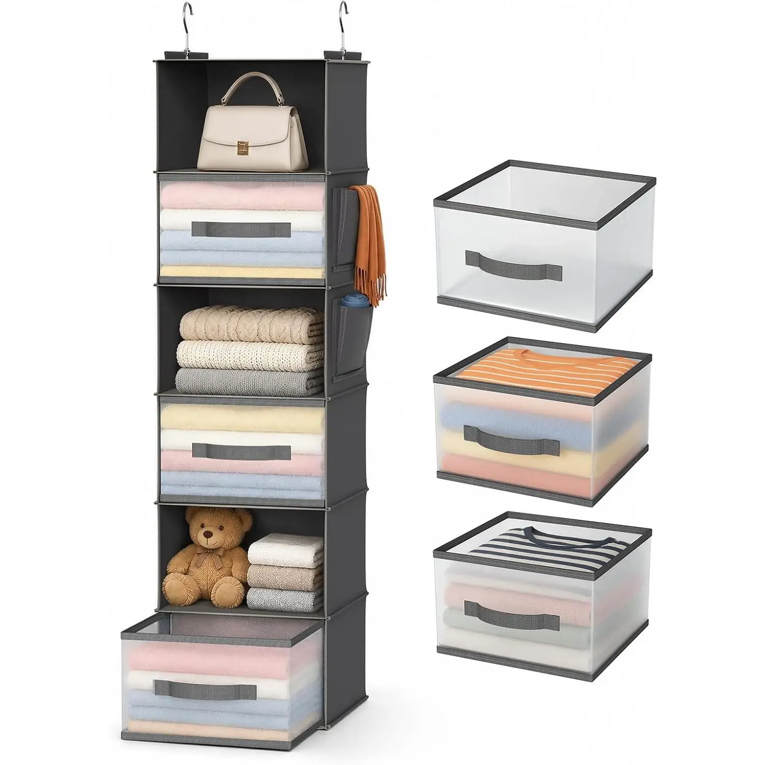 6-Shelf  Closet Organizer with 3 Drawers & Side Pockets, Gray | Non-woven fabric, tool-free setup, ideal for bedrooms/dorms/RVs, 3 foldable transparent drawers for easy access
