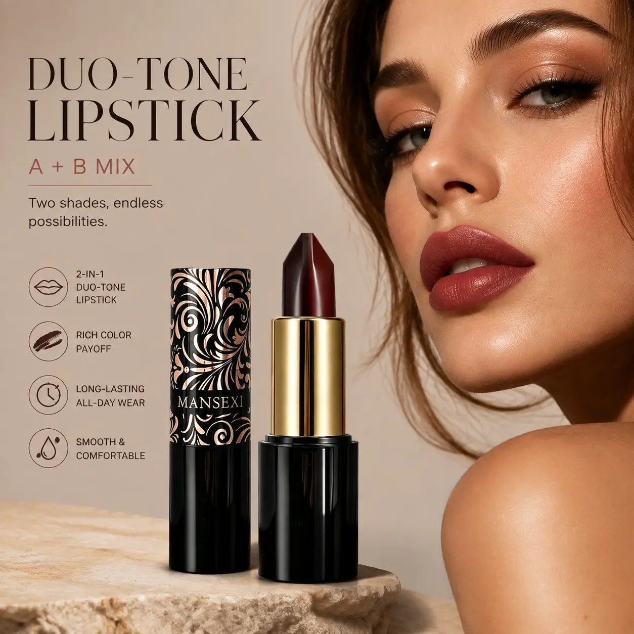 MANSEXI 2 In 1 Duo-Tone Gradient Matte Lipstick, dual-color bullet allows single shade wear or A+B mixed blending to create your custom exclusive lip color. Rich high pigment payoff with velvety smooth non-drying texture, comfortable all-day.