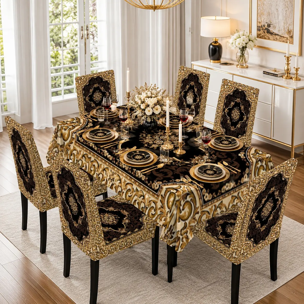 5/7-piece 2D Flat Printing Black and Gold Classic Pattern Carpet Printing Pattern Tablecloth and Chair Cover Set, for dining table and chair decoration, perfect for home, holiday gatherings, restaurants, and parties, Chair Covers Set