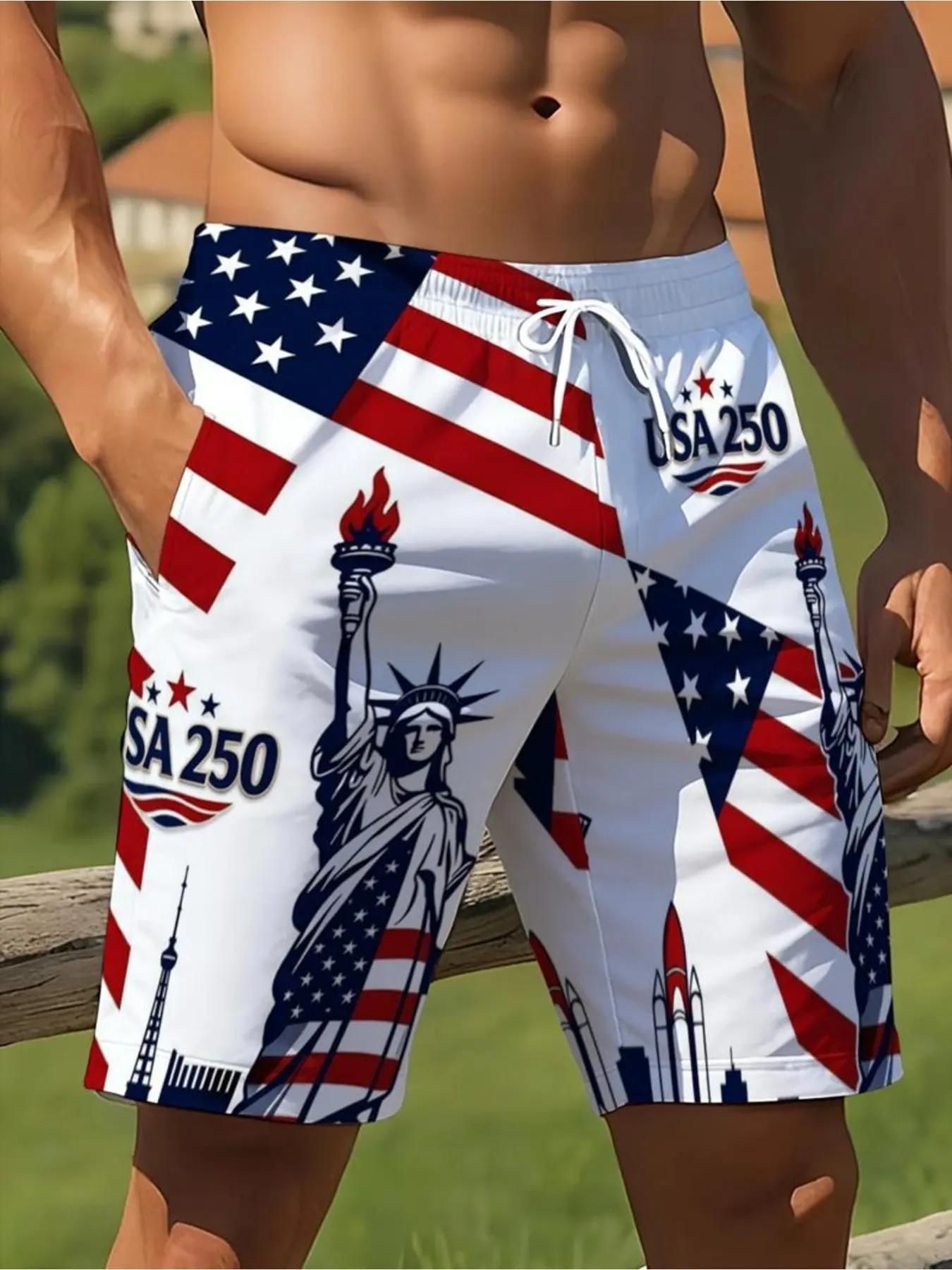 Men's Independence Day themed swim trunks, flag print beach shorts, 250th Anniversary Independence Day casual beach shorts, quick-drying lightweight summer swimwear with pockets, Pockets Swimming Shorts